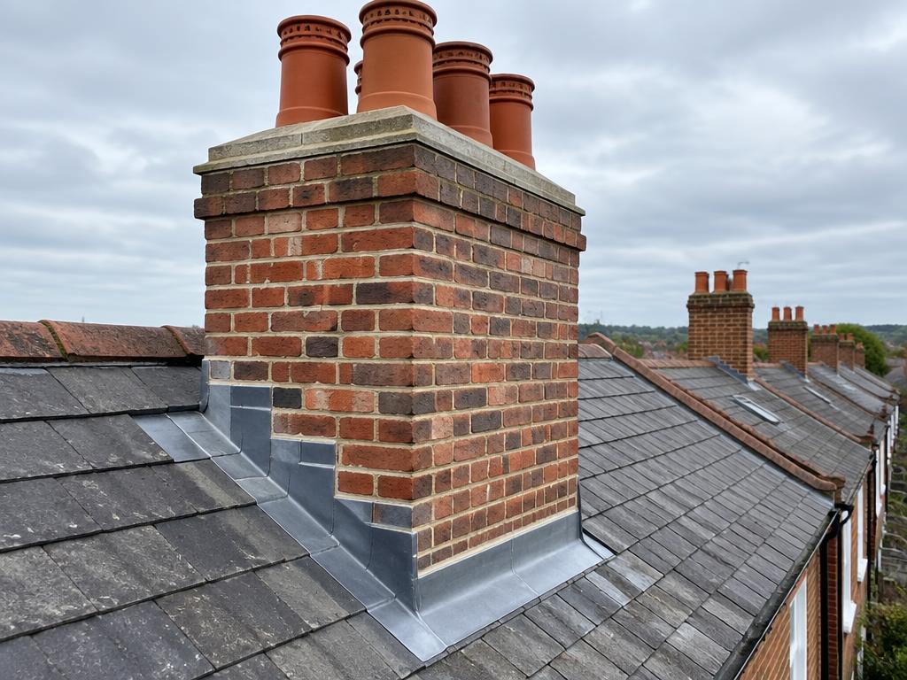 Brick chimney with neat lead flashing